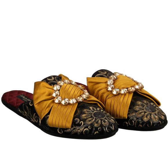 Dolce & Gabbana - Crystal Pearl Silk Bow Velvet Shoes Slipper MARCELLO Black Gol - Picture 2 of 5